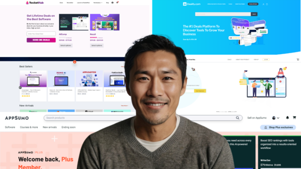 A man in a gray sweater smiles in front of a background featuring various website interfaces, showcasing app deals and software platforms, including AppSumo, StackSocial, Dealfy.com, and other AppSumo alternatives.