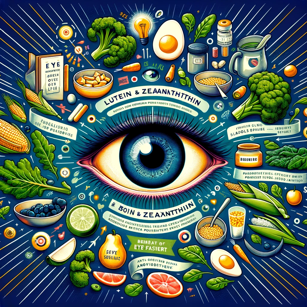 An illustration of an eye surrounded by various foods.