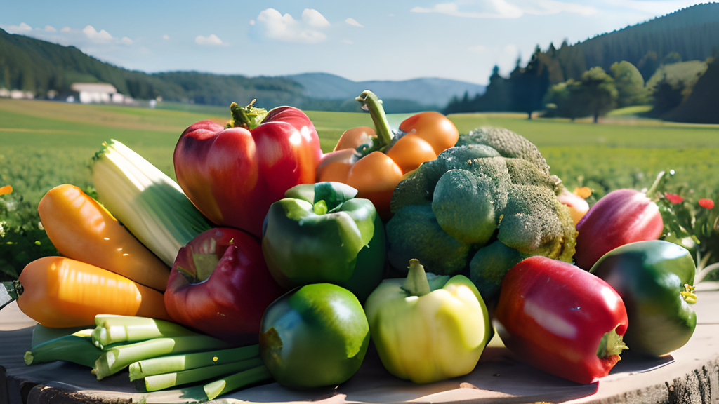 A pile of vegetables on a wooden table.