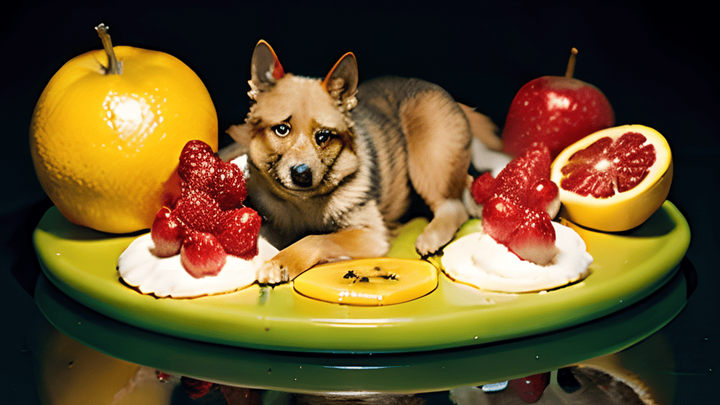 A dog laying on a plate of fruit.