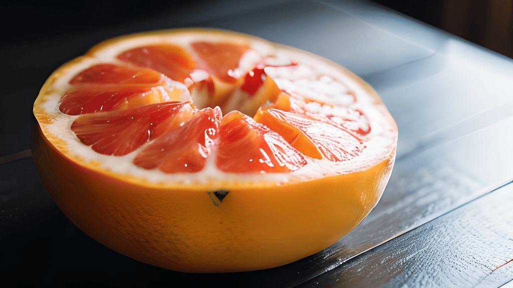 A grapefruit on a table.