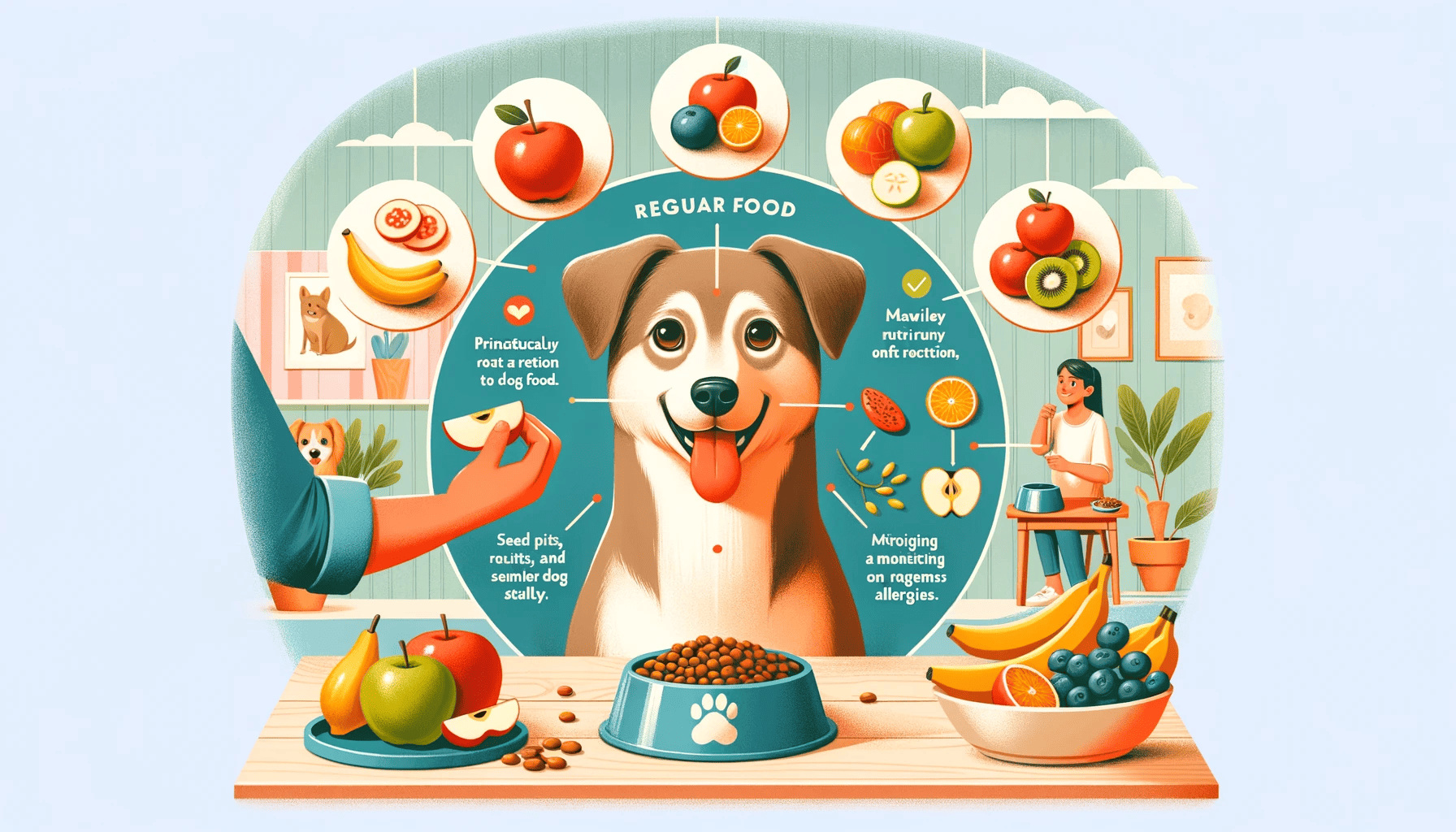 An illustration of a dog eating a bowl of food.