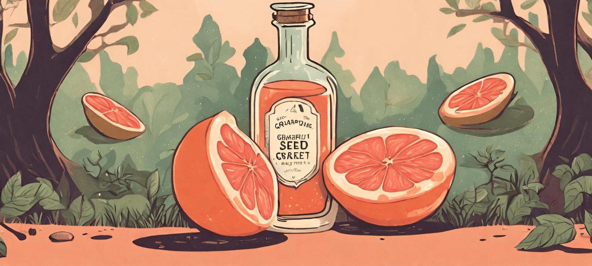 An illustration of a bottle of grapefruit juice in the woods.