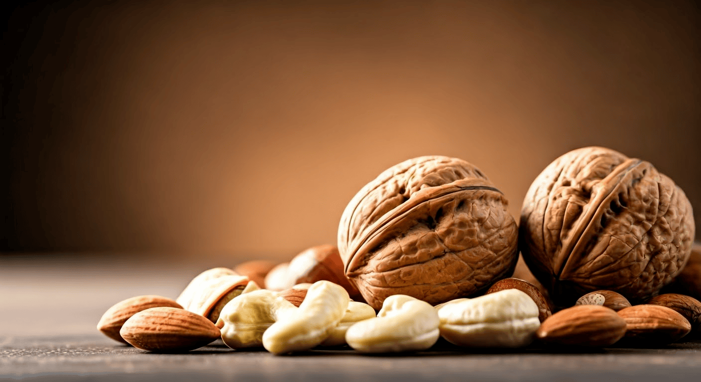 Close-up of walnuts, cashews, and almonds on a wooden surface with a warm, blurred background.